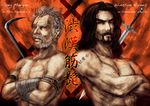  abs baryan beard black_hair blue_eyes crowbar facial_hair highres long_hair multiple_boys muscle pixiv_fantasia pixiv_fantasia_3 scar short_hair sword weapon white_hair wristband 