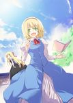  alice_margatroid apron arm_up ascot black_dress blonde_hair blue_dress blue_sky book bow cloud day doll dress floating floating_object green_hair hair_bow hair_ribbon lefthand long_hair open_mouth ribbon shanghai_doll shirt short_hair sky smile solo touhou 