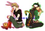  animal_ears bad_id bad_pixiv_id barnaby_brooks_jr blonde_hair boned_meat boots brown_eyes brown_hair bunny bunny_ears bunny_tail cabbie_hat carrot cub eating facial_hair food glasses green_eyes hat jewelry kaburagi_t_kotetsu kemonomimi_mode konami3521 meat multiple_boys necklace outline shirt stubble t-shirt tail tiger tiger_&amp;_bunny tiger_ears tiger_tail vest waistcoat 