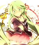  aka_tonbo_(lililil) bare_shoulders cosplay green_eyes green_hair hatsune_miku ia_(vocaloid) ia_(vocaloid)_(cosplay) long_hair looking_at_viewer off_shoulder skirt solo sweatdrop thighhighs very_long_hair vocaloid zettai_ryouiki 