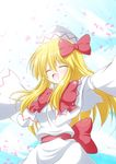 :d ^_^ blonde_hair bow bowtie capelet closed_eyes hair_bow hat lily_white long_hair open_mouth osashin_(osada) outstretched_arms petals smile solo touhou 