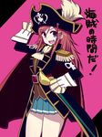  :d belt blue_eyes cape chan_co cowboy_shot cravat epaulettes hair_ornament hairclip hand_on_headwear hand_on_hip hat highres katou_marika long_hair miniskirt_pirates open_mouth pirate pirate_hat pleated_skirt rapier red_hair skirt smile solo sword translation_request weapon 