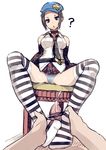  1girl ? bare_shoulders blue_eyes brown_hair censored chair choker feet footjob hetero marie_(persona_4) miyamoto_issa necktie panties penis persona persona_4 persona_4_the_golden pointless_censoring pov short_hair solo_focus spread_legs striped striped_legwear striped_panties thighhighs underwear 