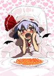  bat_wings blue_hair blush dress eyebrows_visible_through_hair fangs food hands_on_own_face harusame_(unmei_no_ikasumi) hat heart heart_background ikura_(food) mob_cap nose_blush open_mouth plate puffy_short_sleeves puffy_sleeves red_eyes remilia_scarlet ribbon roe saliva short_hair short_sleeves sitting smile solo sparkle touhou wings 