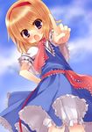  :o alice_margatroid bad_id bad_pixiv_id blonde_hair bloomers blush dress hairband hand_on_hip index_finger_raised purple_eyes sash short_hair solo touhou underwear unjou_takehiro 