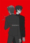 bad_id bad_pixiv_id copyright_name cross cross_earrings cross_necklace earrings facial_hair fate/zero fate_(series) formal goatee jewelry k-rei kotomine_kirei male_focus monochrome multiple_boys necklace realistic red_background simple_background suit toosaka_tokiomi 