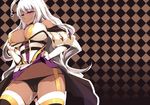  ahoge belt black_panties boots breasts checkered checkered_background cleavage copyright_request dark_skin dean fingerless_gloves garter_straps gloves highres large_breasts long_hair panties puffy_sleeves purple_eyes pussy_juice skirt skirt_lift solo sweat tears thigh_boots thighhighs underwear vibrator white_gloves white_hair 
