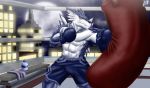  abs anthro biceps black_nose boxing chain city clothed clothing digimon digimon_(species) inside male moon muscular muscular_male night nipples punching_bag punching_gloves scar shorts solo sport symbolhero teeth topless training weregarurumon yellow_eyes 