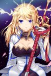  arm_up artist_request bangs blonde_hair blue_eyes breasts detached_collar earrings gloves holding jewelry large_breasts long_hair lowres rose_pacifica solo swept_bangs sword sword_girls weapon 