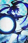  bikini_top black_hair black_rock_shooter black_rock_shooter_(character) blue_eyes boots burning_eye cannon foreshortening glowing long_hair looking_at_viewer midriff navel short_shorts shorts solo twintails wato_samirika weapon 