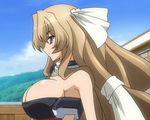  animated animated_gif aoi_kimi bouncing_breasts breasts brown_hair cleavage huge_breasts kyoukai_senjou_no_horizon ribbon 