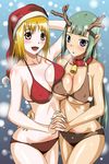  2girls bell bikini blonde_hair blue_eyes breasts christmas green_hair hat large_breasts long_hair multiple_girls original pointy_ears red_eyes santa_hat short_hair snow swimsuit yuuki1103 