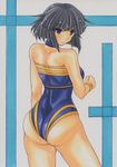 ass back black_hair blue_eyes blue_leotard breasts leotard lips looking_back minami_toshimi short_hair small_breasts solo traditional_media wrestle_angels wrestle_angels_survivor wrestling_outfit yutakasan-love 