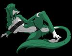  big_breasts black_panties black_sclera breasts choker claws cleavage female green green_hair hair long_hair looking_at_viewer lying midriff mohawk navel on_side panties partially_clothed raistlinalston16 sergal solo thighs thong top underwear yellow_eyes 