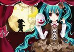  aqua_hair bad_id bad_pixiv_id curtains dress gears hatsune_miku karakuri_pierrot_(vocaloid) long_hair mask open_mouth red_eyes silhouette solo sorane_shii star tears twintails very_long_hair vocaloid 