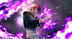  fire hair_over_one_eye longai male_focus purple_fire pyrokinesis red_hair smile solo the_king_of_fighters yagami_iori 