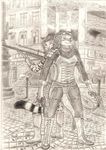  anthro armor couple female gun invalid_tag julie mahuru marbled moldred monochrome n2o pencils polecat ranged_weapon sepia sketch standing steampunk weapon 