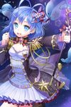 ahoge belt blue_eyes blue_hair boots brooch crevasse dress endos flower hair_ornament hair_ribbon hairpin holding jewelry layered_dress leg_up lowres open_mouth pleated_dress ribbon short_hair smile solo star sword_girls wand whale 
