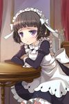  :&lt; apron bangs blunt_bangs blush bow braid brown_hair dress flower frilled_dress frills frown hair_bow leaning lowres maid maid_headdress mirror new_maid purple_eyes ribbon short_hair sitting solo sword_girls table yeong-in 