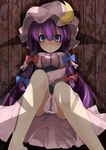  against_wall barefoot blue_eyes blush book bow breasts crescent hachachi hair_bow hat highres imminent_rape kirisame_marisa long_hair medium_breasts patchouli_knowledge purple_hair shadow solo touhou 