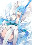  bad_id bad_pixiv_id blazblue blue_hair breasts cleavage hssno108 ice japanese_clothes kimono large_breasts long_hair personification short_kimono solo thighhighs very_long_hair yukianesa 