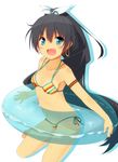  :d antenna_hair barefoot bikini black_hair blue_eyes breasts earrings fang ganaha_hibiki hair_ribbon high_ponytail highres hoop_earrings idolmaster idolmaster_(classic) innertube jewelry long_hair navel okino_ryuuto open_mouth ponytail ribbon side-tie_bikini sitting small_breasts smile solo swimsuit 