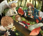  angel_wings arrow axis_powers_hetalia bad_id bad_pixiv_id blonde_hair bouquet closed_eyes coffin cravat cross daffodil eyepatch flower forest gloves hood hood_basket hood_down lying male_focus military military_uniform motune multiple_boys multiple_persona nature petals ribbon rose tree uniform united_kingdom_(hetalia) wading water wings yellow_eyes 