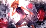  bare_shoulders blue_eyes boots building headphones highres male_focus sakuraba_neku shorts solo subarashiki_kono_sekai sunakumo 