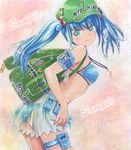  bikini breasts hat jewelry kawashiro_nitori key leaning_forward looking_back mayo_riyo necklace pendant race_queen sample see-through small_breasts solo swimsuit touhou twintails 