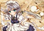  absurdres apron aqua_eyes black_tea braid breasts chain checkerboard_cookie clock cookie cup food green_eyes highres izayoi_sakuya maid maid_headdress medium_breasts plate pocket_watch roman_numerals ryuji_(ikeriu) solo sweatdrop tea teacup teapot touhou toutenkou tray twin_braids waist_apron watch wrist_cuffs 