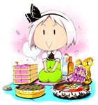  :&gt; bottle chibi cushion food ghost gunkanmaki highres hitodama ichizen_(o_tori) konpaku_youmu konpaku_youmu_(ghost) nigirizushi obentou petals rock sakura_mochi seiza short_hair shrimp shrimp_tempura silver_hair sitting smile solo stone sushi tempura touhou umaibou wagashi zabuton 