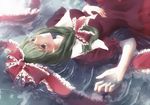  arm_up bad_id bad_pixiv_id breasts bug butterfly cleavage dress face front_ponytail green_eyes green_hair hair_ribbon hand_on_own_stomach hands insect kagiyama_hina kyouda_suzuka lying medium_breasts on_back red_dress ribbon solo touhou water 