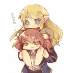  1girl andras bad_id bad_pixiv_id blonde_hair blue_eyes carrying chibi demon_boy elatha elf horns mabinogi masirosu pointy_ears red_eyes red_hair scar shoulder_carry sweat younger 