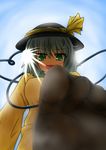  backlighting bad_id bad_pixiv_id dautsen day feet green_eyes green_hair hat highres komeiji_koishi open_mouth pantyhose short_hair sky soles solo stomping sun touhou 