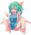  ahegao barefoot blue_skirt breasts daiyousei double_v feet full_body green_eyes green_hair hair_ribbon kuromu_(underporno) large_breasts no_panties open_mouth ribbon side_ponytail simple_background sitting skirt solo spread_legs tongue touhou v white_background wings 