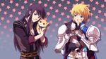  armor bandaid black_eyes black_hair blonde_hair blue_eyes cat flynn_scifo grey_background long_hair male_focus multiple_boys silver_(meme1717) smile star starry_background tales_of_(series) tales_of_vesperia yuri_lowell 