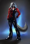  blue_eyes canine classy clothing hair latex long_hair looking_at_viewer male mammal necktie pants rubber smile solo spearfrost standing vest white_hair wolf 