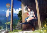  aoyama_sumika bangs black_eyes black_hair black_legwear blue_sky brown_footwear bus bus_stop cloud coffee-kizoku day digital_media_player earphones ground_vehicle highres kneehighs loafers looking_away medium_hair motor_vehicle mountain original outdoors scan school_uniform shoes short_sleeves sitting skirt sky solo 