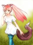  :d animal_ears bad_id bad_pixiv_id fangs finger_to_mouth grass green_eyes hal360 long_hair open_mouth original pink_hair ponytail smile solo tail walking wolf_ears wolf_tail 