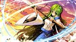  bandages cloud detached_sleeves frog_hair_ornament gohei green_eyes green_hair hair_ornament highres kochiya_sanae long_hair polearm shirt skirt sky solo swinging touhou umigarasu_(kitsune1963) weapon wide_sleeves 