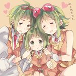  2girls age_difference bad_id bad_pixiv_id genderswap genderswap_(ftm) goggles goggles_on_head green_eyes green_hair gumi gumiya multiple_girls ousaka_nozomi pout short_hair smile time_paradox vocaloid 
