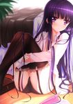  ass bag black_hair black_legwear black_panties blush flat_chest garter_straps highres inu_x_boku_ss lace lace-trimmed_thighhighs leg_hug long_hair long_legs looking_at_viewer no_pants on_floor open_clothes open_shirt panties paper paper_airplane purple_eyes school_bag shirakiin_ririchiyo shirt sitting skirt skirt_removed solo swordsouls thighhighs underwear 