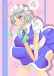  anger_vein blush breasts dress embarrassed highres hiro_(phese) izayoi_sakuya maid maid_headdress medium_breasts open_mouth red_eyes solo spoken_anger_vein star sweatdrop touhou v_arms wind wind_lift 