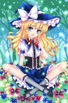  adapted_costume apple blonde_hair blush bow braid dress food fred0092 fruit green_eyes hair_bow hat highres indian_style kirisame_marisa long_hair open_mouth sitting smile solo touhou witch_hat 
