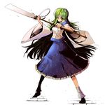  bandages detached_sleeves frog_hair_ornament gohei green_eyes green_hair hair_ornament highres kochiya_sanae long_hair polearm shirt skirt solo touhou umigarasu_(kitsune1963) weapon wide_sleeves 