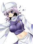  bad_id bad_pixiv_id hat highres lavender_hair letty_whiterock midriff navel onjin0110 polearm purple_eyes scarf short_hair smile solo touhou trident weapon white_scarf 