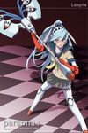  android aqua_hair axe battle_axe blue_hair highres knee_pads labrys long_hair mineta_naoki miniskirt persona persona_4:_the_ultimate_in_mayonaka_arena pleated_skirt ponytail red_eyes school_uniform skirt solo very_long_hair weapon 