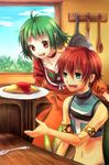  1girl armlet blue_eyes brown_eyes choker crop_top cropped_jacket dress farah_oersted food green_hair indoors kitchen kontore midriff orange_dress plate red_choker red_hair rid_hershel short_hair smile spoon tales_of_(series) tales_of_eternia 