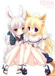  animal_ears bad_id bad_pixiv_id bare_shoulders blonde_hair blue_eyes brown_eyes bunny_ears cameltoe dog_ears dress elin_(tera) emily_(pure_dream) gloves high_heels holding_hands long_hair multiple_girls panties pantyshot pantyshot_(sitting) shoes short_hair silver_hair sitting smile tail tera_online underwear upskirt v 