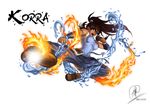  armlet avatar_(series) bare_shoulders blue_eyes breasts brown_hair character_name dark_skin dated fire flying_kick hair_tubes kicking korra long_hair medium_breasts ponytail renirevenge signature solo the_legend_of_korra vambraces water 